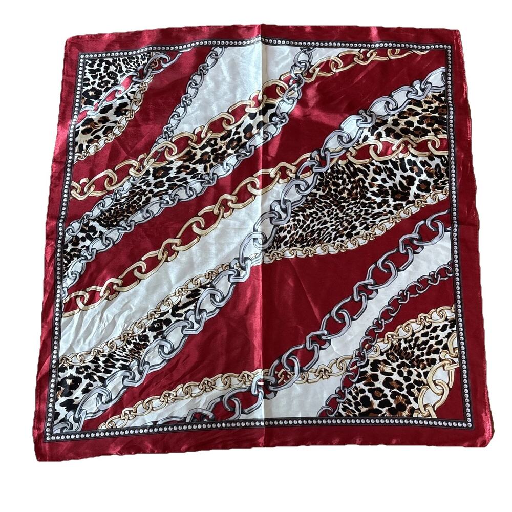 Small Silk Square Scarf 23 X 23 Scarftop Headwraps Leopard Chain Print Red